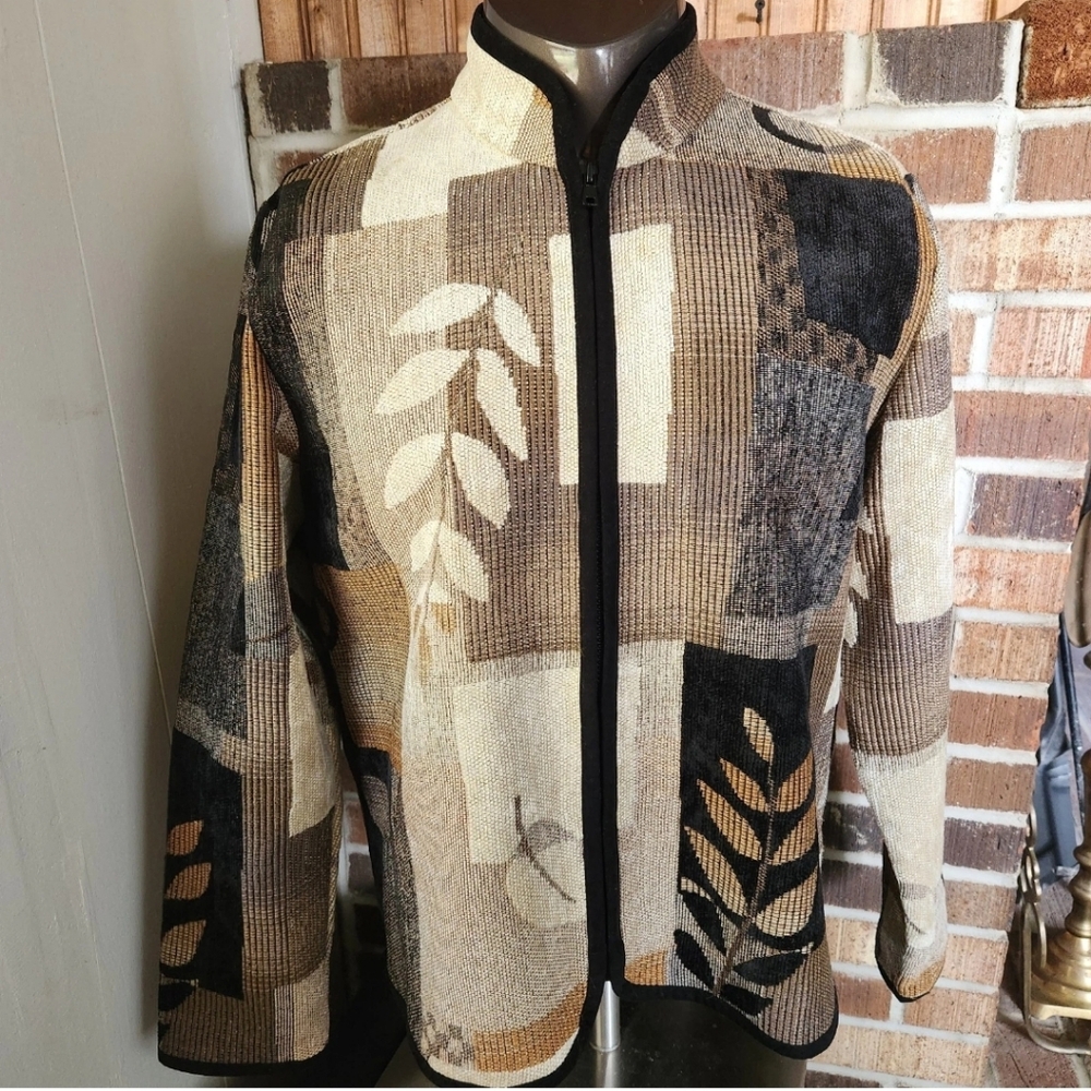 Vtg Boho Tapestry Jacket Women's L Fall Foliage Earth Tone Leaf Art Wear Zip Up - Picture 2 of 16